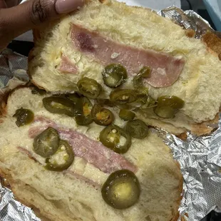 a person holding a sandwich