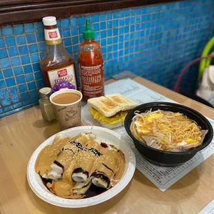 Steamed Rice Noodle w/ Mixed Peanut Butter Sauce, Spam &amp; Egg Sandwich, HK Milk Tea