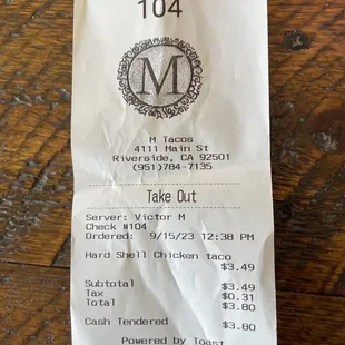 a receipt for a restaurant