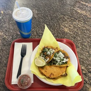I ordered 1 of each: chicken asada taco, carne asada taco, a quesobirria taco, and, of course, horchata.  Mild salsa on the side