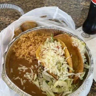 #3 Two Hard Shelled Tacos with Rice and Beans