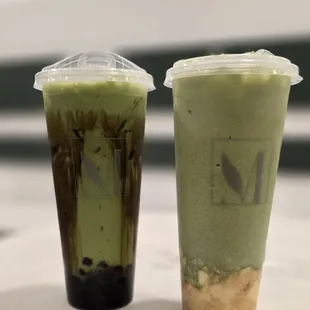 Brown sugar boba matcha latte and green milk tea with egg pudding