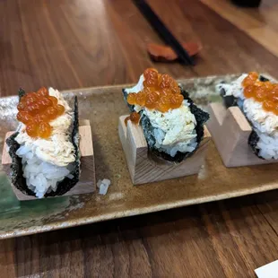 Kaiseki course 8 of 10. Shokuji (rice/meal). Blue crab handroll, ikura, miso soup. $127/meal.