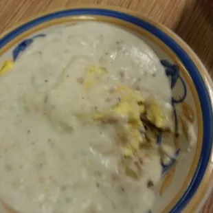 Breakfast bowl..biscuit&amp;sausage gravy over 2 eggs &amp; hash browns