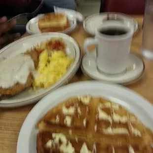 Chicken fried steak &amp; eggs, Belgian waffle &amp; coffee