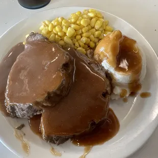 Meat loaf with mashed potatoes and corn