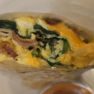 Build your own breakfast burrito (bacon, egg, cheese, spinach)