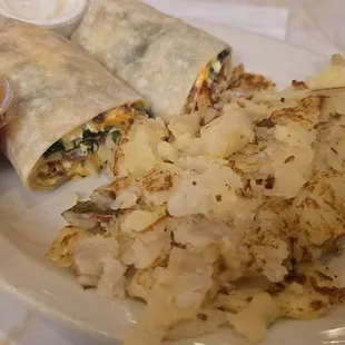 Build your own breakfast burrito (bacon, egg, cheese, spinach) with hashbrowns