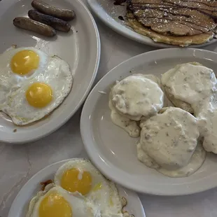 biscuits and gravy and eggs and chocolate chip pancakes