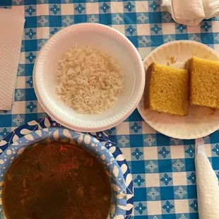 Gumbo with rice and a side of cornbread!