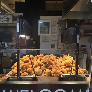 a display of chicken and waffles