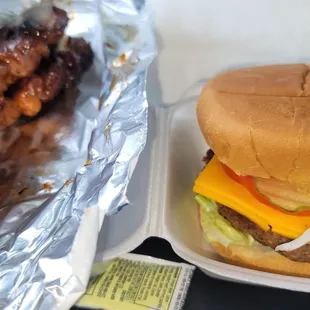 Pork skewers and a cheese burger. Very good.