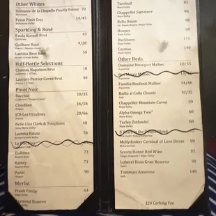 The Whine list menu!