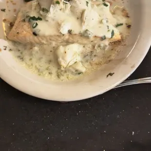 The Salmon dish covered with crab meat