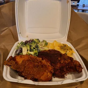 Fried chicken, broccoli salad, scalloped potatoes.