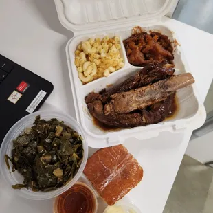 Rib dinner side of collard greens cornbread