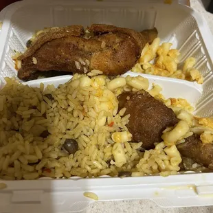 Fried Chicken Dinner (leg &amp; thigh) with rice and peas, and macaroni and cheese