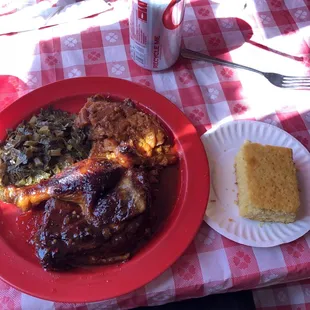 BBQ Chicken Dinner (leg &amp; thigh) w/ candied yams &amp; greens.
