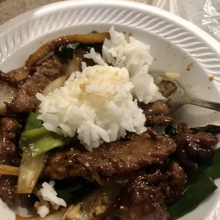 Mongolian Beef with Extra Ginger and white Rice - I couldn&apos;t wait to get home and enjoy it