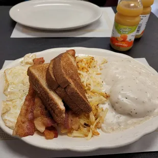2 Eggs , Meat , Potatoes and Toast