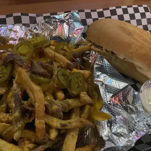 Philly Cheese Steak Sandwich and Loaded Cheddar Fries