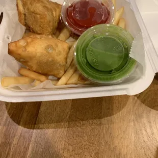 Samosas and fries.