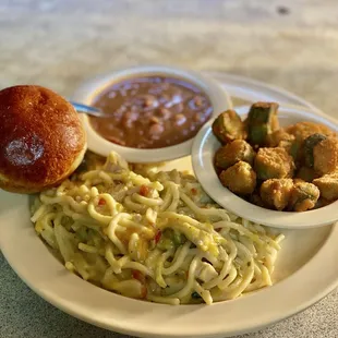 One of our lunch specials: chicken spaghetti with two sides and a roll for $8.95 These sizes are pinto beans and fried okra.