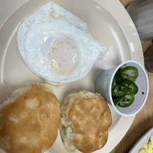 Biscuits and over easy egg.