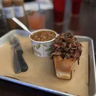 Brisket sandwich and pit beans.