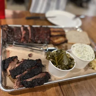 Fatty brisket, ribs, and pork belly with sides