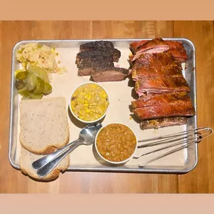 Brisket (middle) Ribs (right) Creamed Corn Baked Beans