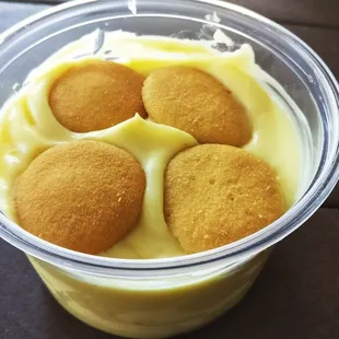 Banana pudding - chunks of banana throughout the pudding and soft vanilla wafers on top and bottom.