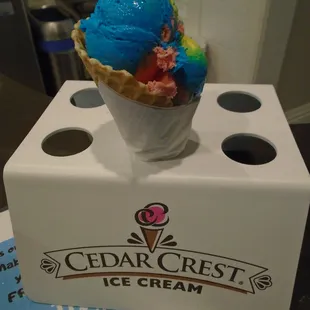 Superman flavor in a waffle cone.