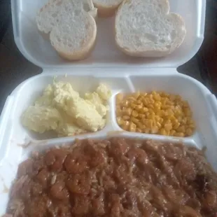 Lunch Plate: Friday special (Shrimp Stew, potato salad, corn, and french bread slices)