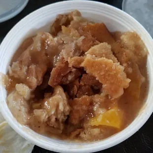 Large peach cobbler. Very good and in a large container. 4.99