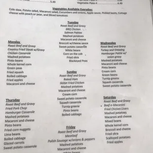 Menu for each day of the week.