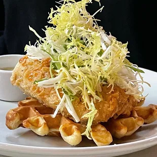 Confit fried chicken - scallion waffle, honey chili drizzle, herb salad