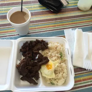 $6.50 for coffee and a huge plate  I'm on a diet so what you see is actually 1/2 the rice and 1/2 the meat....the irony