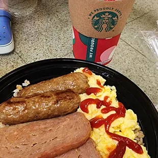 Eggs, spam, sausages and rice. Hit the spot.