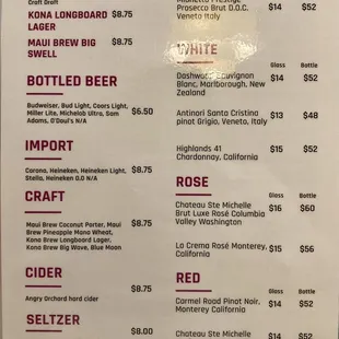 Drink menu