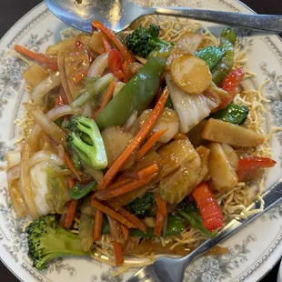 Vegetables over crispy noodles