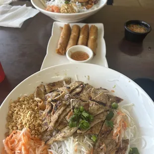 Bowl #1 Beef and Shrimp vermicelli, Bowl #2 Pork vermicelli, and egg rolls.