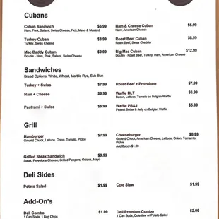 Sandwich menu
