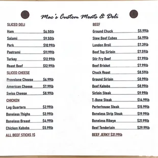Meat/Deli Menu