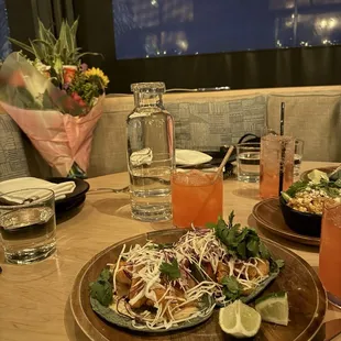 Passionfruit mocktail, shrimp tacos