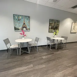 a table and chairs in an office