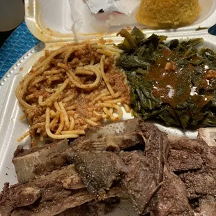 Beef ribs, spaghetti and greens