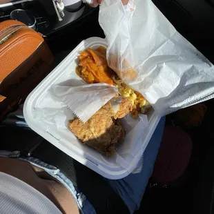 Fried Chicken, sweet potatoes and Mac and cheese