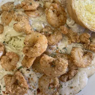 Fried shrimp with angel hair pasta and crab sauce