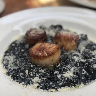 Scallops with squid ink risotto